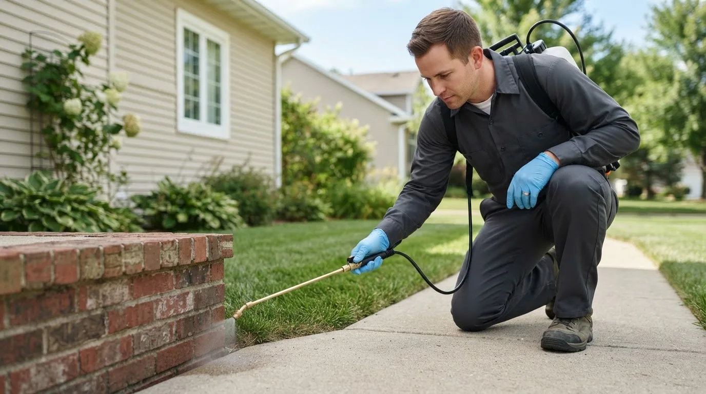 Pest control technician treating a home near Rhome, TX