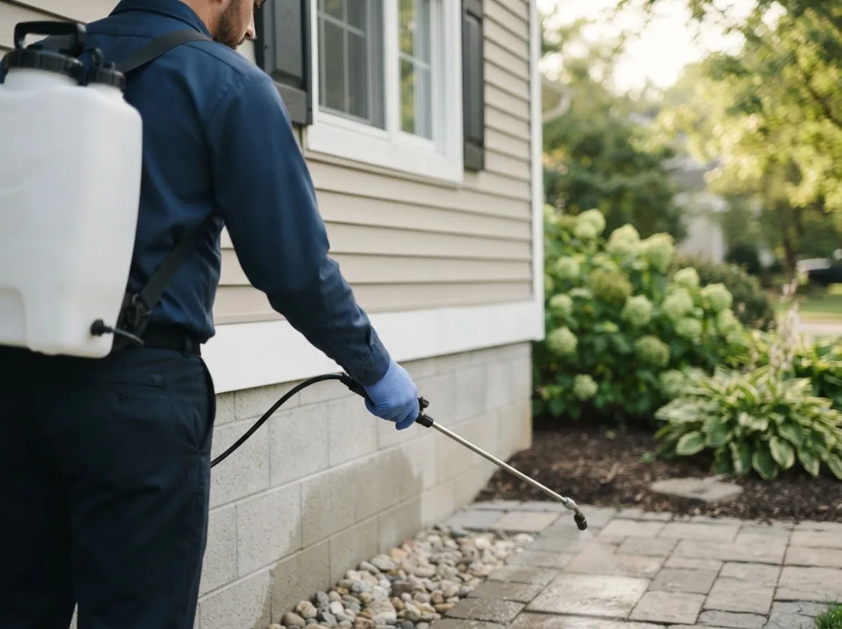 Pest control technician inspecting a home in Rhome, TX